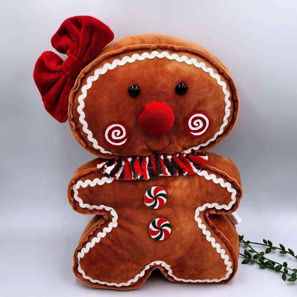Gingerbread Girl Plush Pillow Red Bow Brown Holiday Decor Christmas Decor 16
